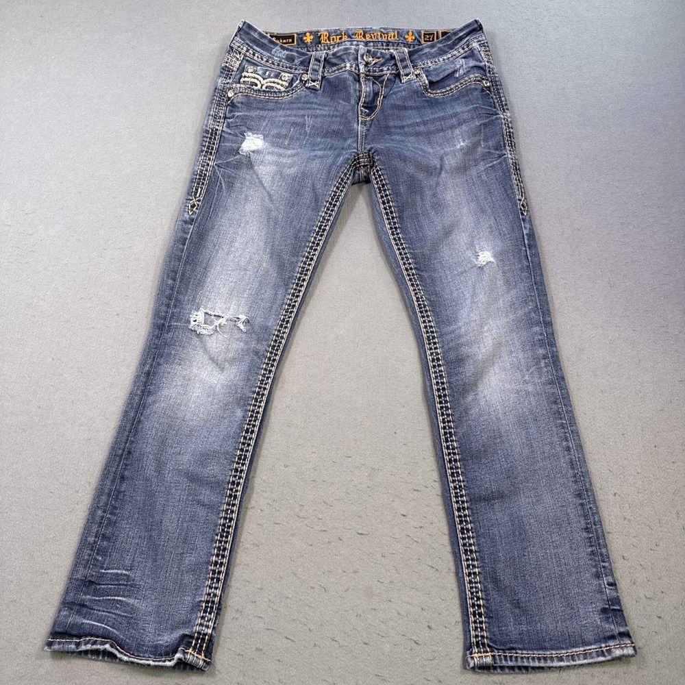 Rock Revival Sukara Crop Jeans Womens 27 Blue Distressed Embroidered Stretch Y2K